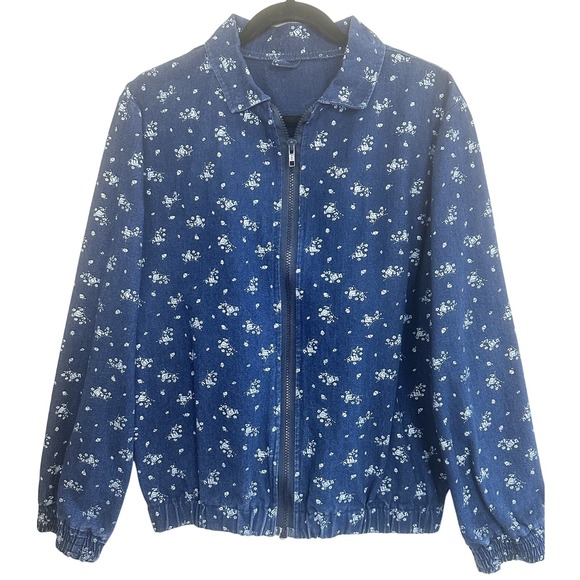 The Unbranded Brand Jackets & Blazers - Vintage 90s Denim Zip Up Jacket Novelty Print Women's L Cottagecore Grandma Chic